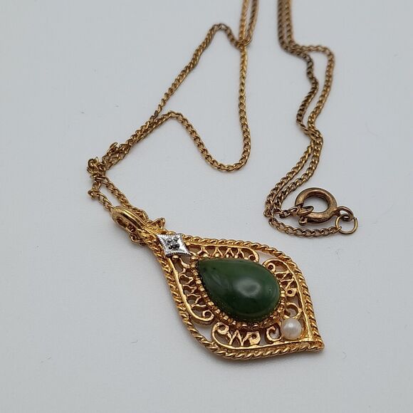 Vintage Genuine Jade Cultured Pearl Pendant Necklace Pat Pend 1970s - Picture 7 of 9